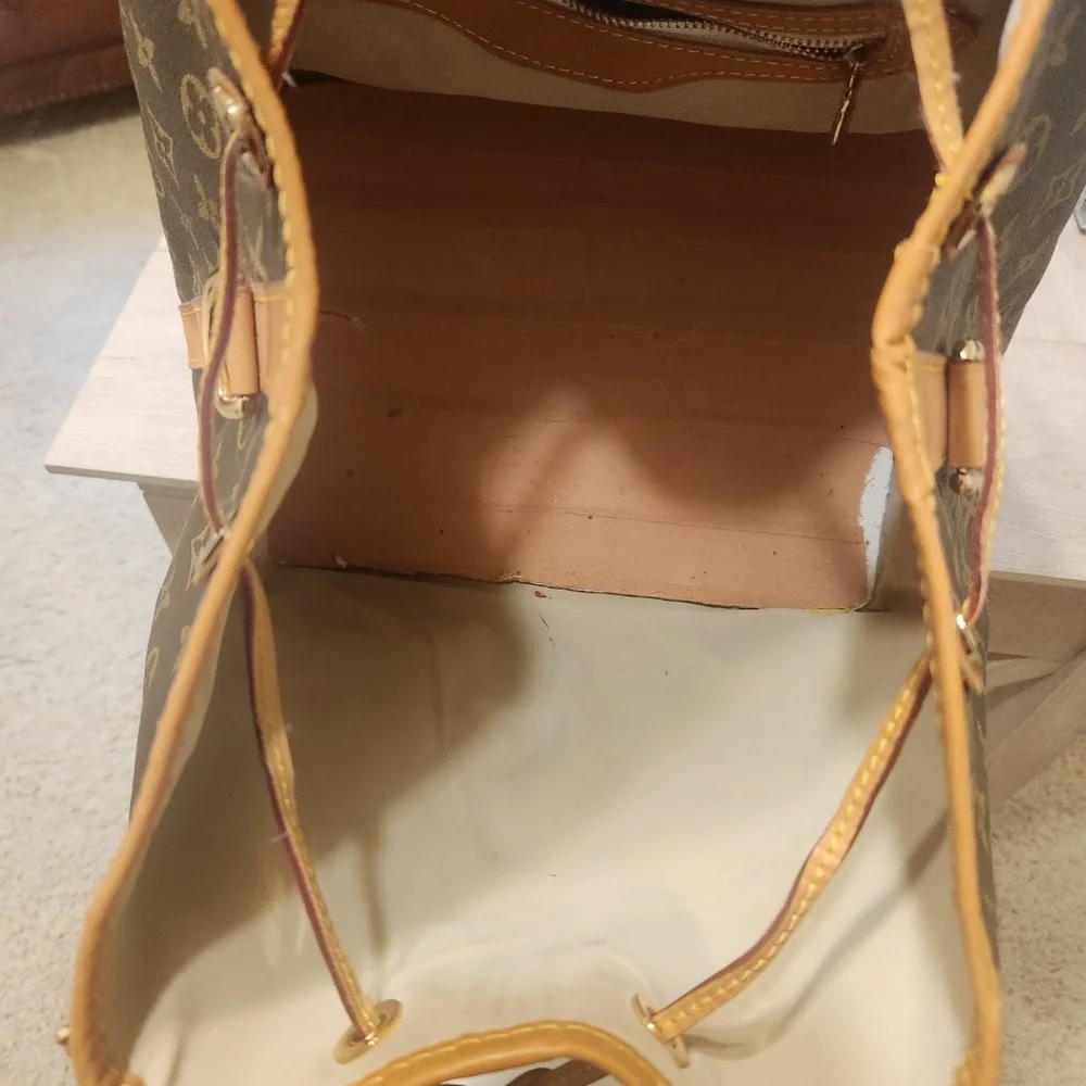 Designer Monogram Brown Leather Drawstring Tote - Luxury Style - Picture 3 of 3
